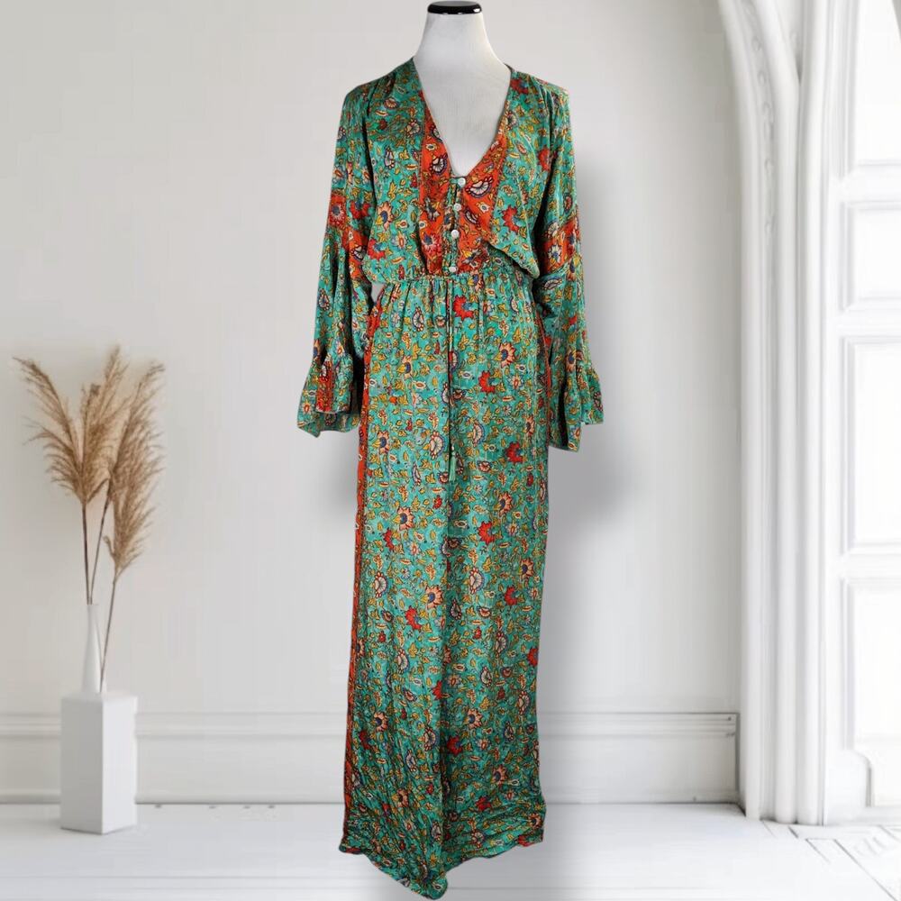 Karma Highway Paisley Palazzo Jumpsuit OS Boho Resort Wide Leg Pockets